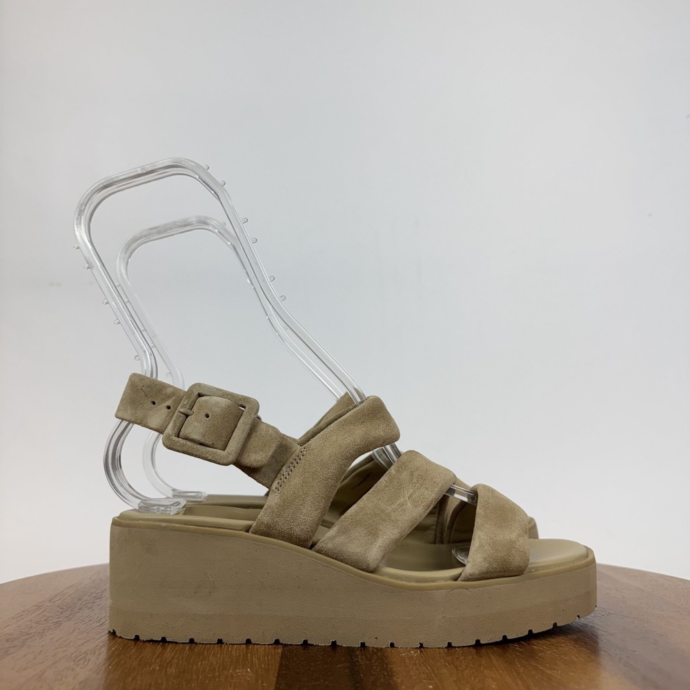 New Womens Vince Kylar Beige Suede‎ Platform Slingback Wedge Sandals Size 5.5 M